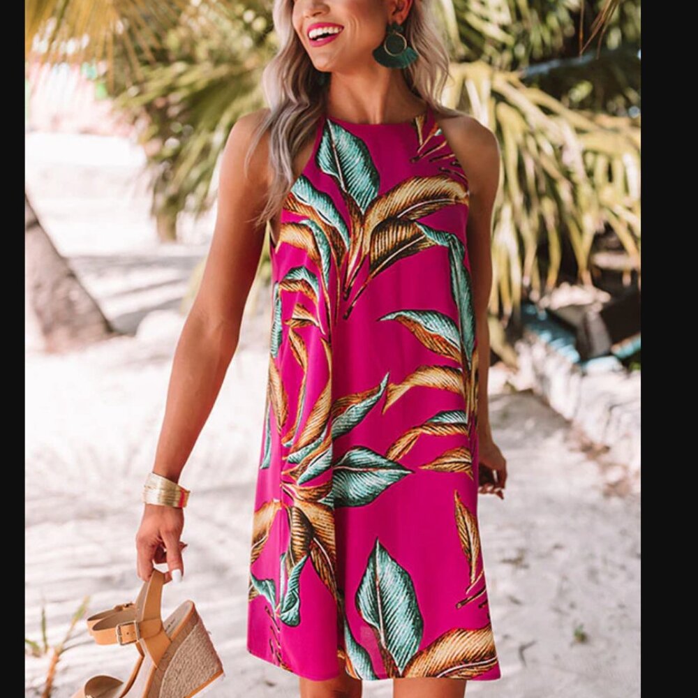Shop Impressions Size Medium Pink Tropical Palm Halter  Shift Dress